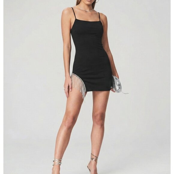 Black Rhinestone Fringe Mini Dress | Spaghetti Strap Night Out Style - Picture 2 of 8